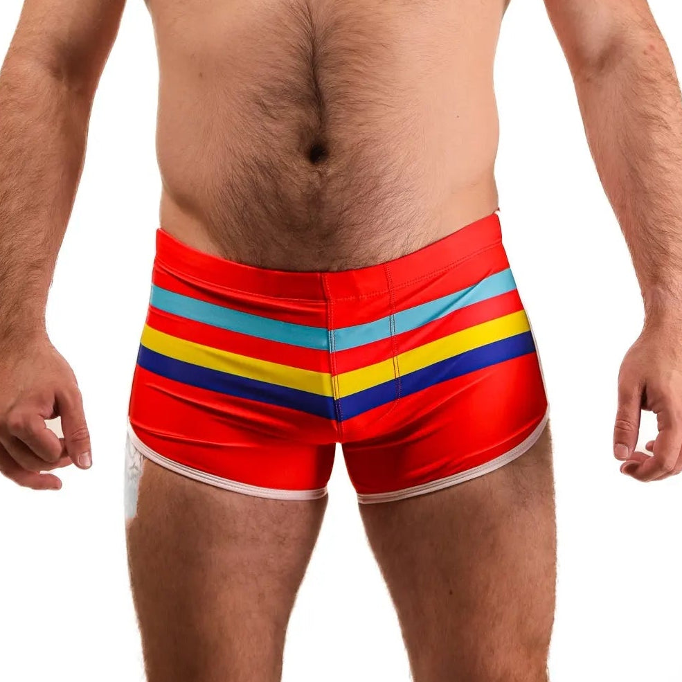 This image features a model showcasing Bearwave Retro Swim Briefs, designed with a bold and playful aesthetic. The swim briefs are characterized by a vibrant color block pattern with a rainbow-accented waistband, adding a touch of retro charm.
