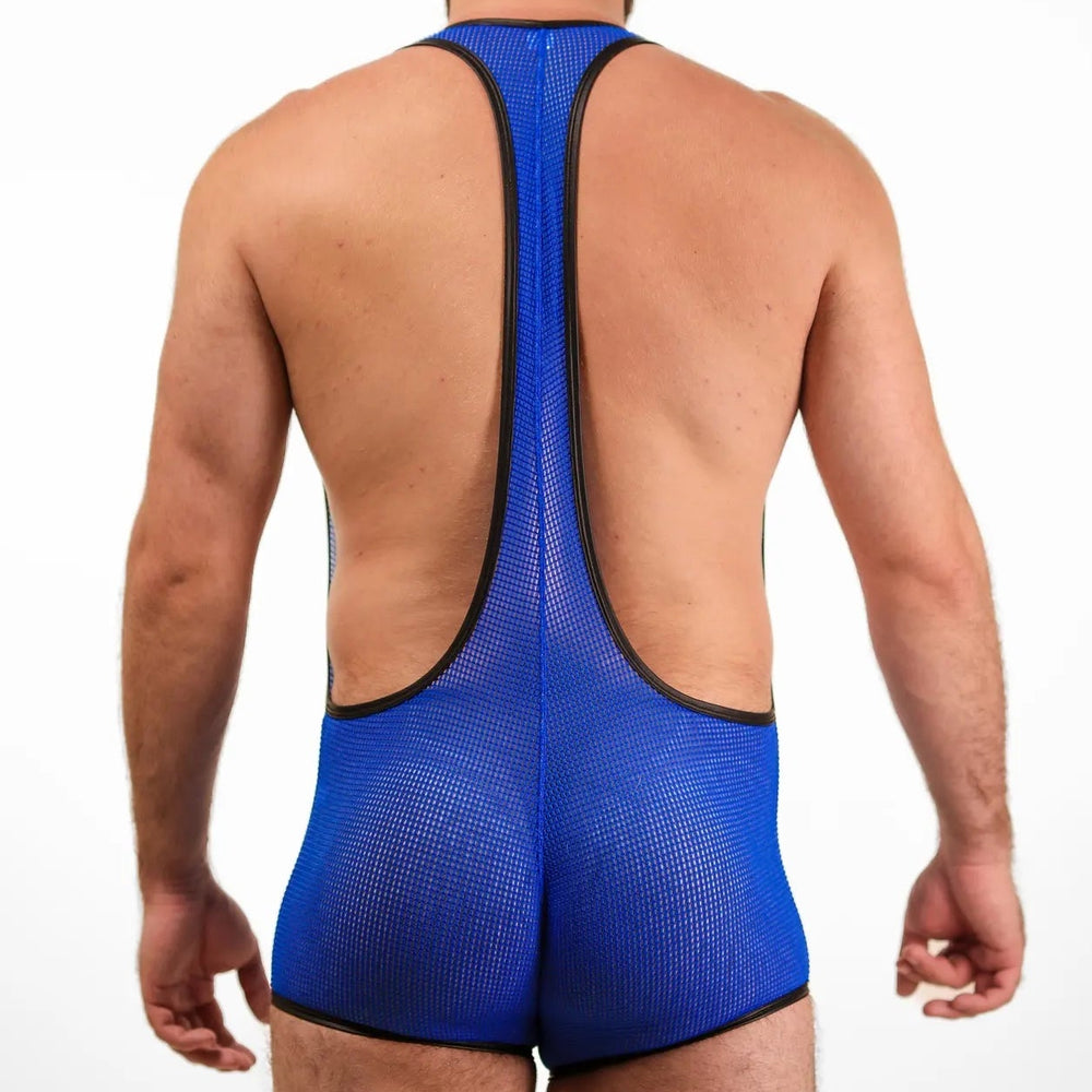Man wearing a blue mesh wrestling singlet on a white background
