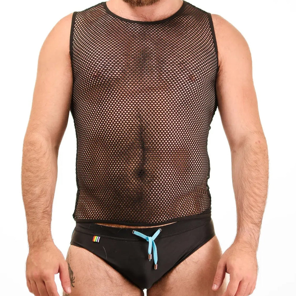 A man wearing a black sheer mesh sleeveless tank top and black briefs with a blue strap.