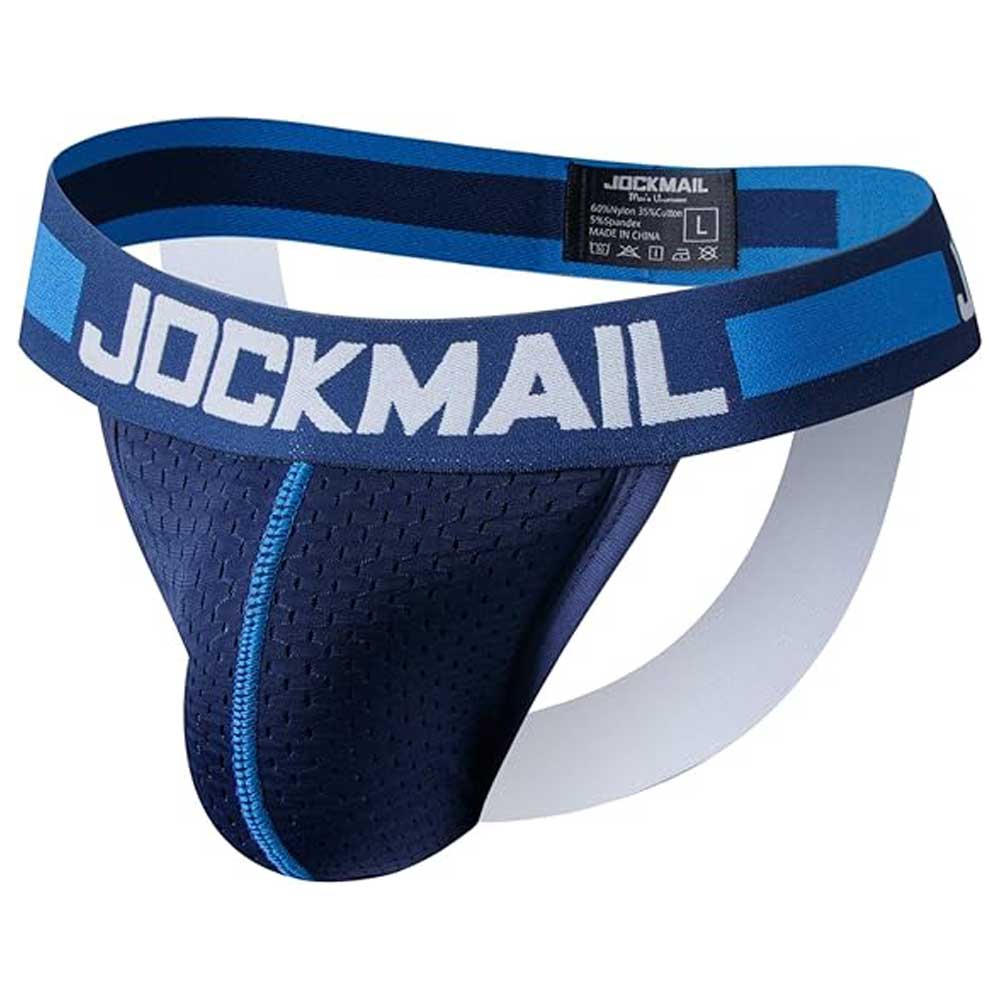 Blue men's jockstrap with 'Jockmail' branding on a white background