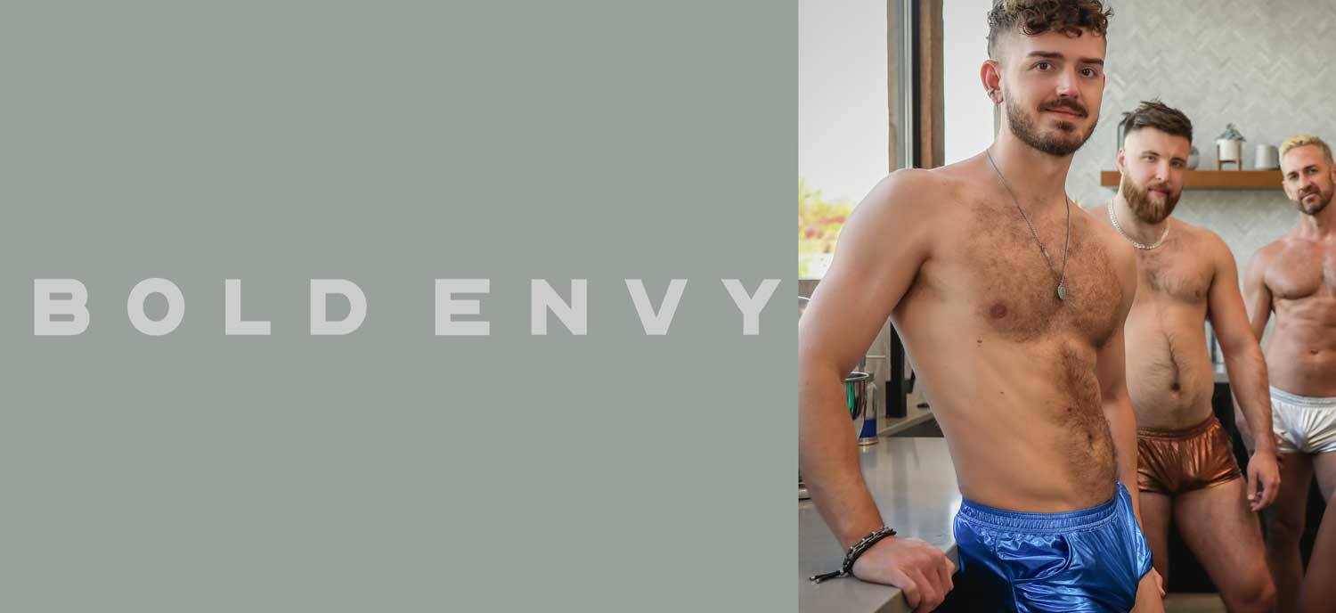 Three men in underwear with 'Bold Envy' branding on a gray background