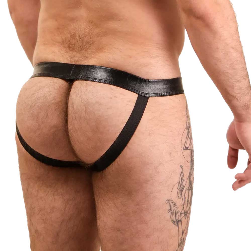 Black thong worn by a person on a white background Bold Envy Gay Mens Jock Strap Sexy Apparel