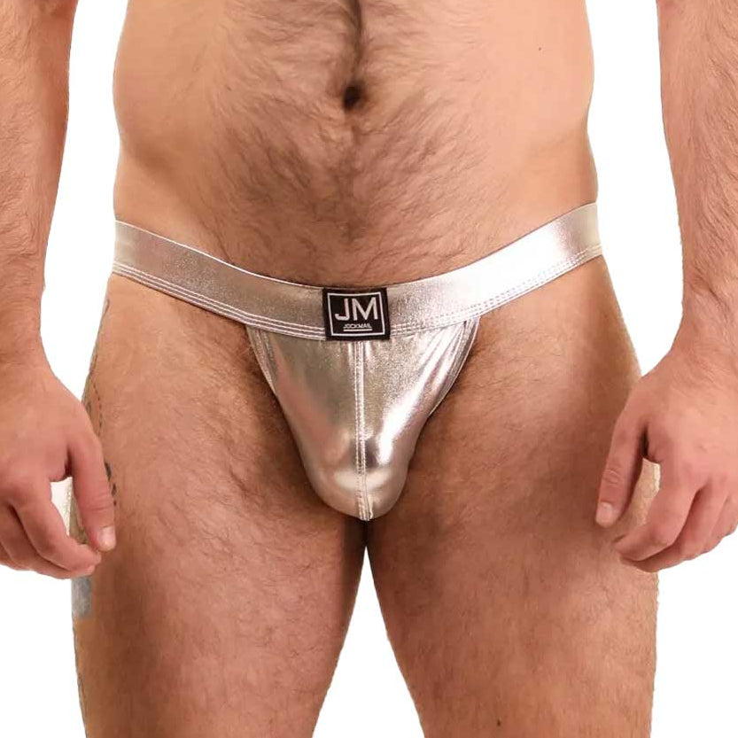 Silver men's underwear with a brand logo on a white background. Bold Envy Gay Mens Jock Strap Sexy Apparel