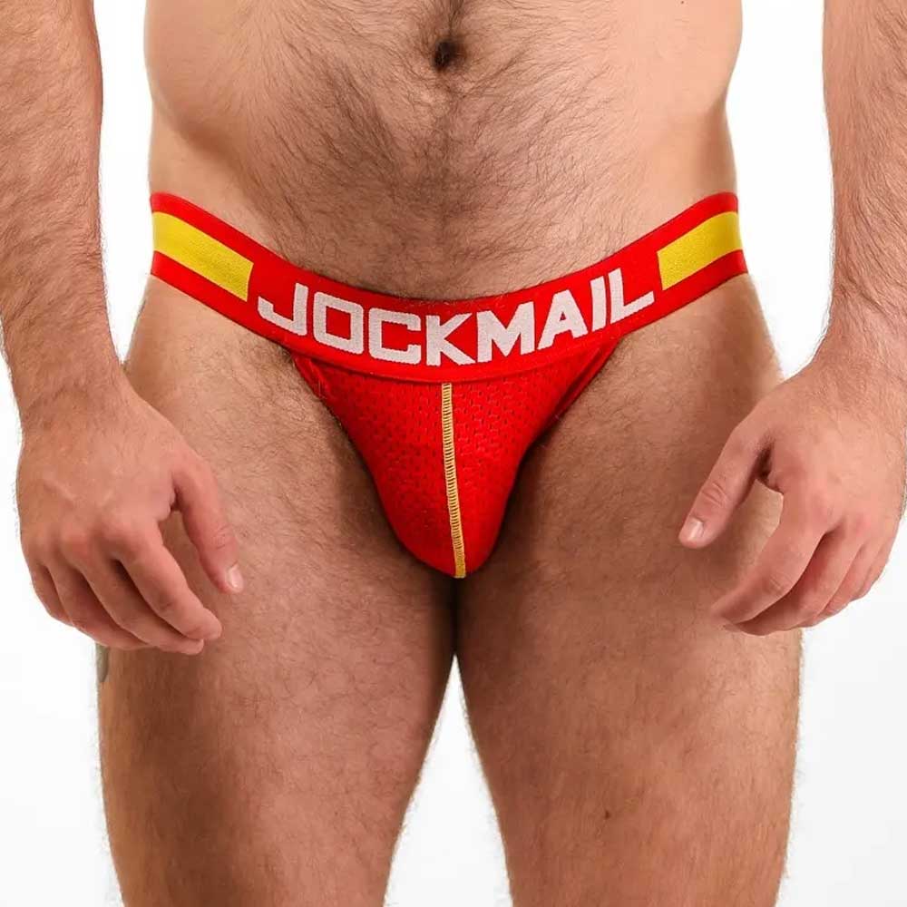 Red men's underwear with 'Jockmail' branding on a white background