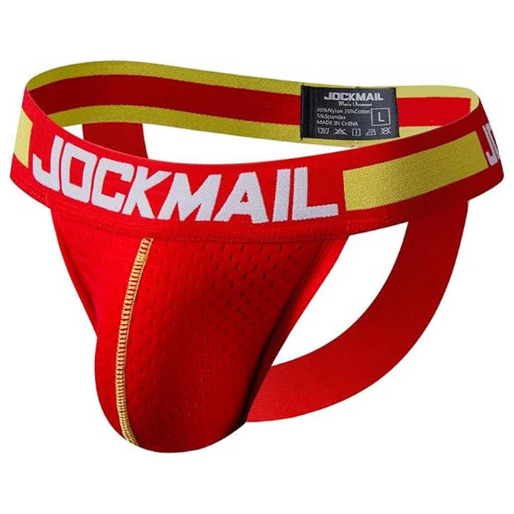 Red men's underwear with yellow waistband and 'JOCKMAIL' branding on a white background