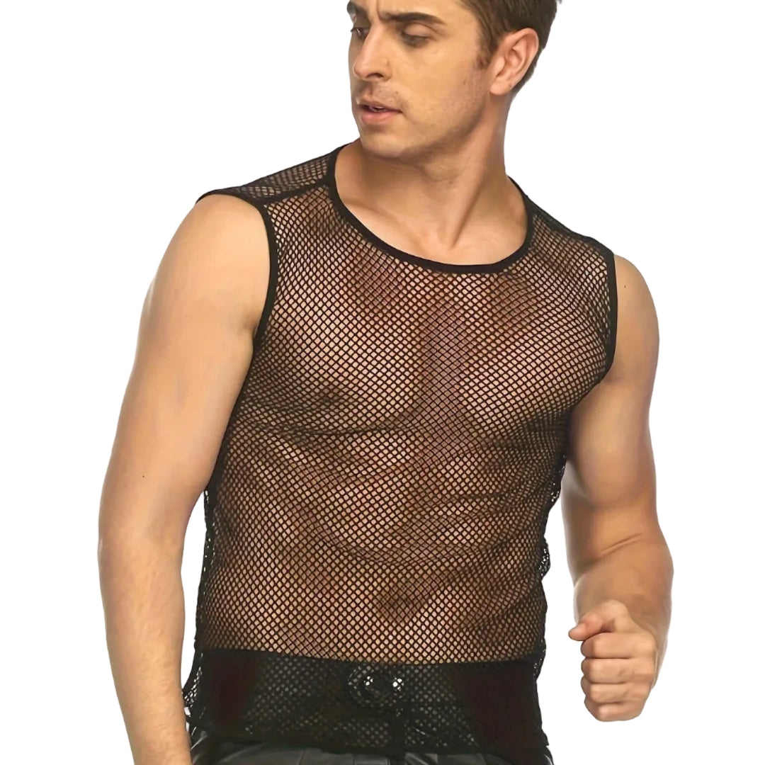 A man wearing a black mesh sleeveless vest over a black tank top, paired with black shorts.